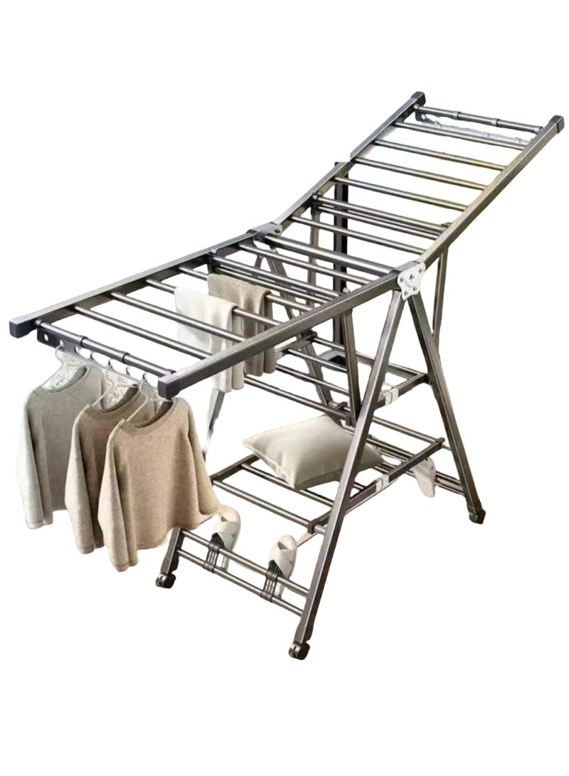 رف تجفيف ملابس قابل للطي بعجلات ومكابح، متين ومقاوم للصدأ، سعة كبيرة للملابس والمناشف، مناسب للاستخدام الداخلي والخارجي - Image 1